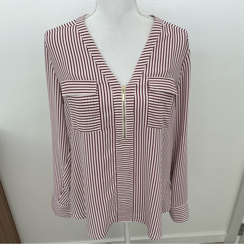 Express Red & White Striped V-Neck Blouse w/ Gold Zipper, L